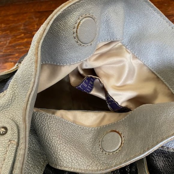 Vintage STUART WEITZMAN * Gray & SILVER Satchel PURSE + logo DUSTBAG * pockets - Picture 7 of 16